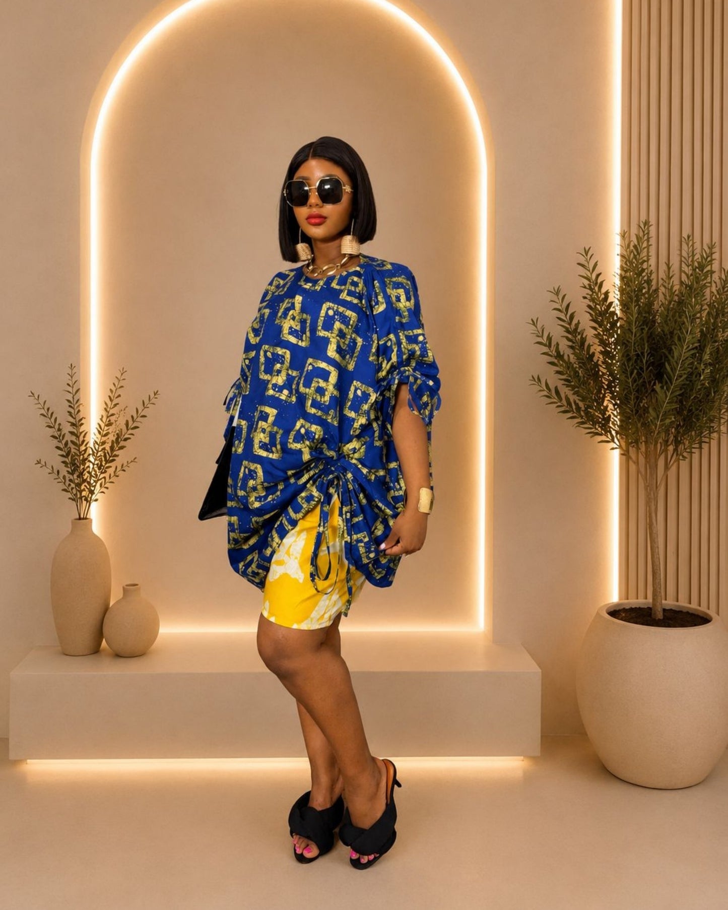 Chic Short Pants Set - (Ankara) - Royal Blue & Yellow