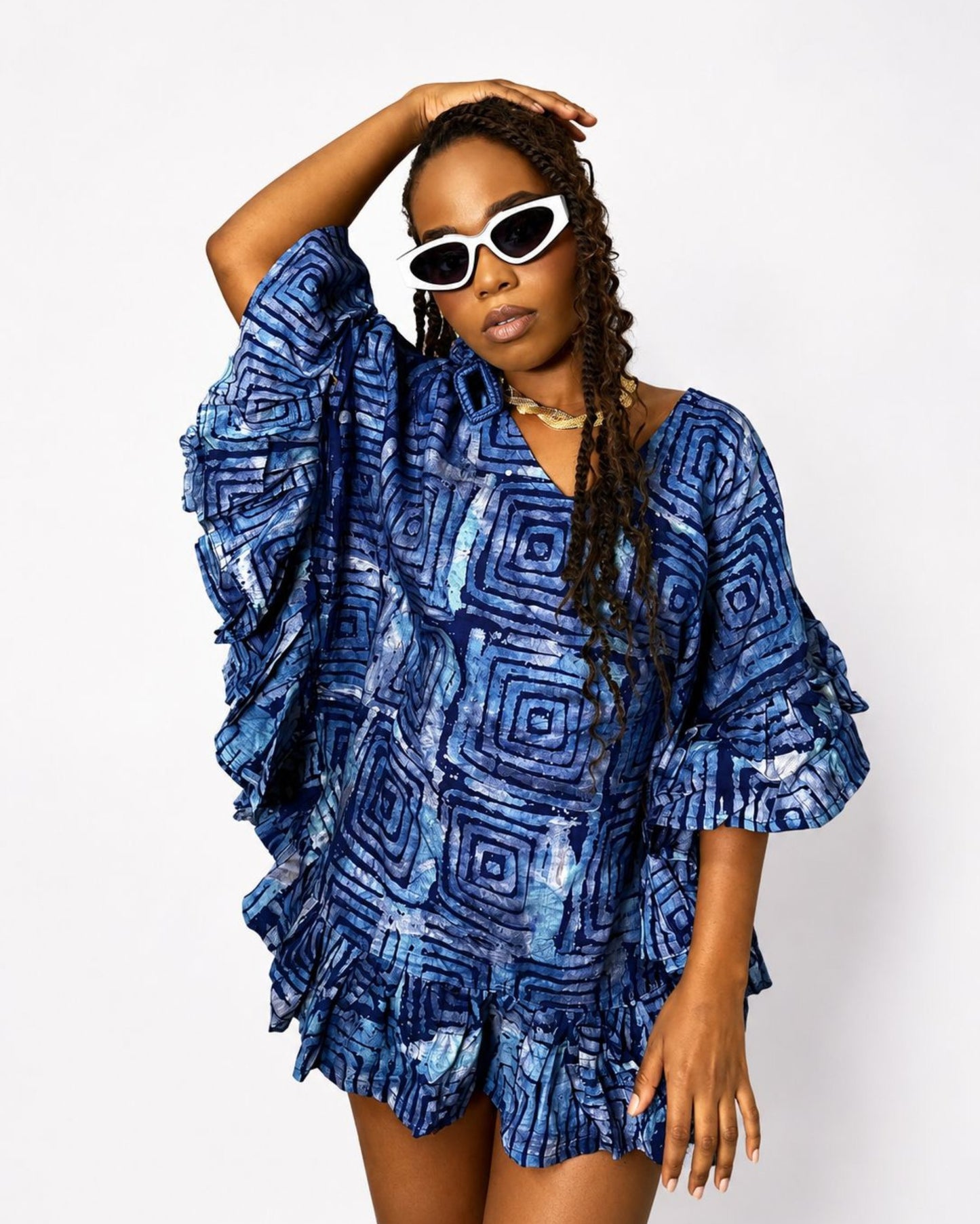 Butterfly Mini Dress - (Adire) Deep Indigo Blue