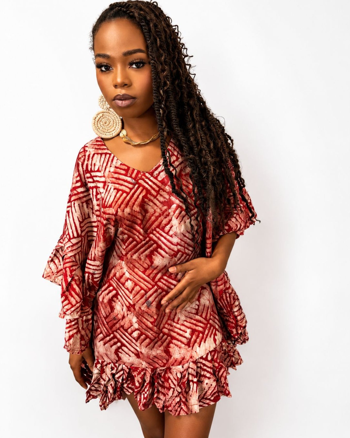 Butterfly Mini Dress - (Adire) Rich Ruby Red