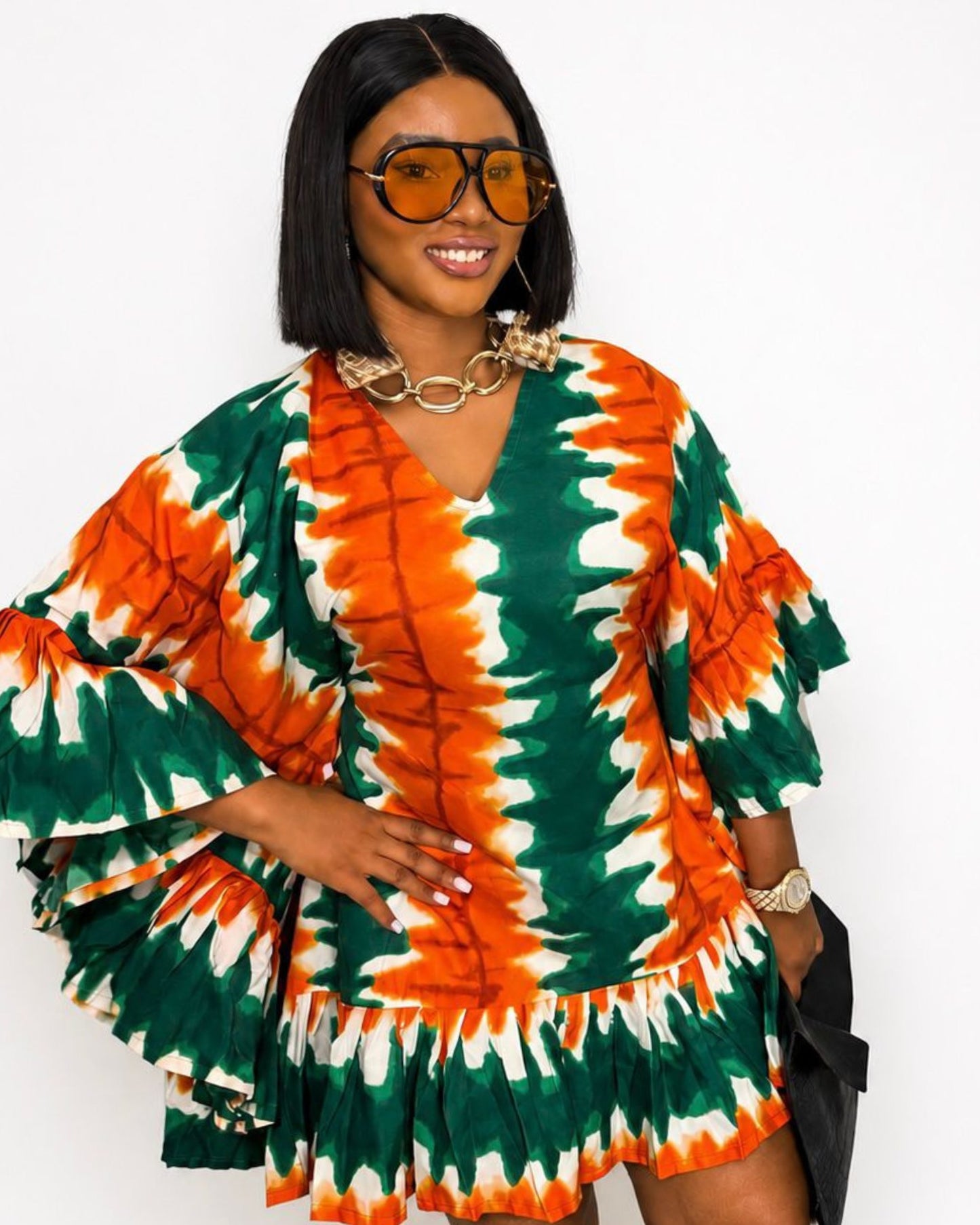 Butterfly Mini Dress - (Adire) Vibrant Orange & Green
