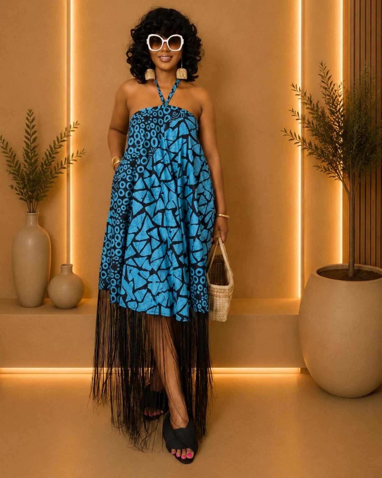 Zara Backless Maxi Dress - (Ankara) - Vibrant Blue & Black
