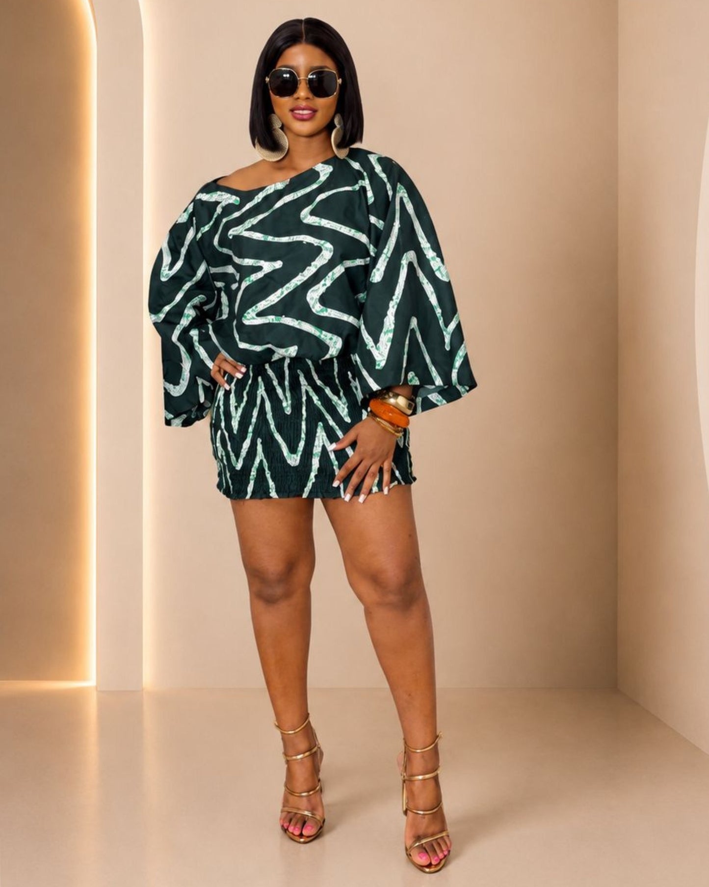 Nila Mini Dress - (Ankara) - Deep Green & Cream