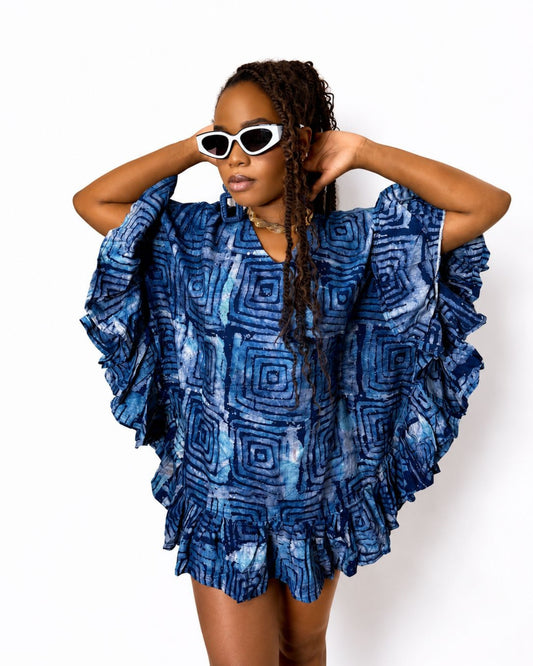 Butterfly Mini Dress - (Adire) Deep Indigo Blue