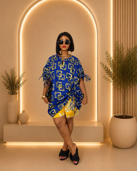 Chic Short Pants Set - (Ankara) - Royal Blue & Yellow