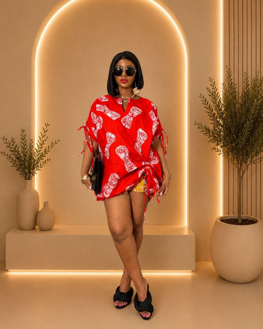 Chic Short Pants Set - (Ankara) - Red & White