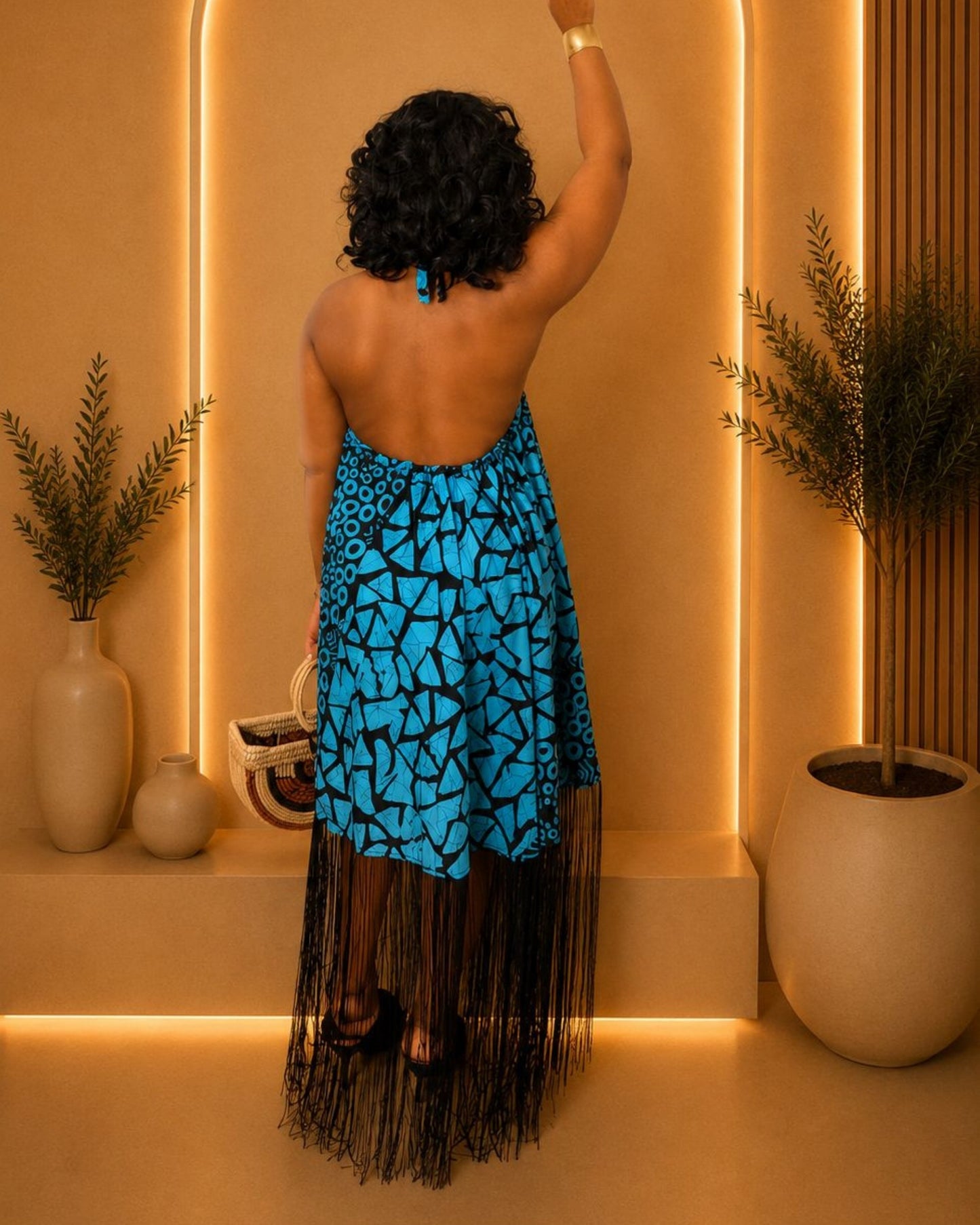 Zara Backless Maxi Dress - (Ankara) - Deep Blue & White