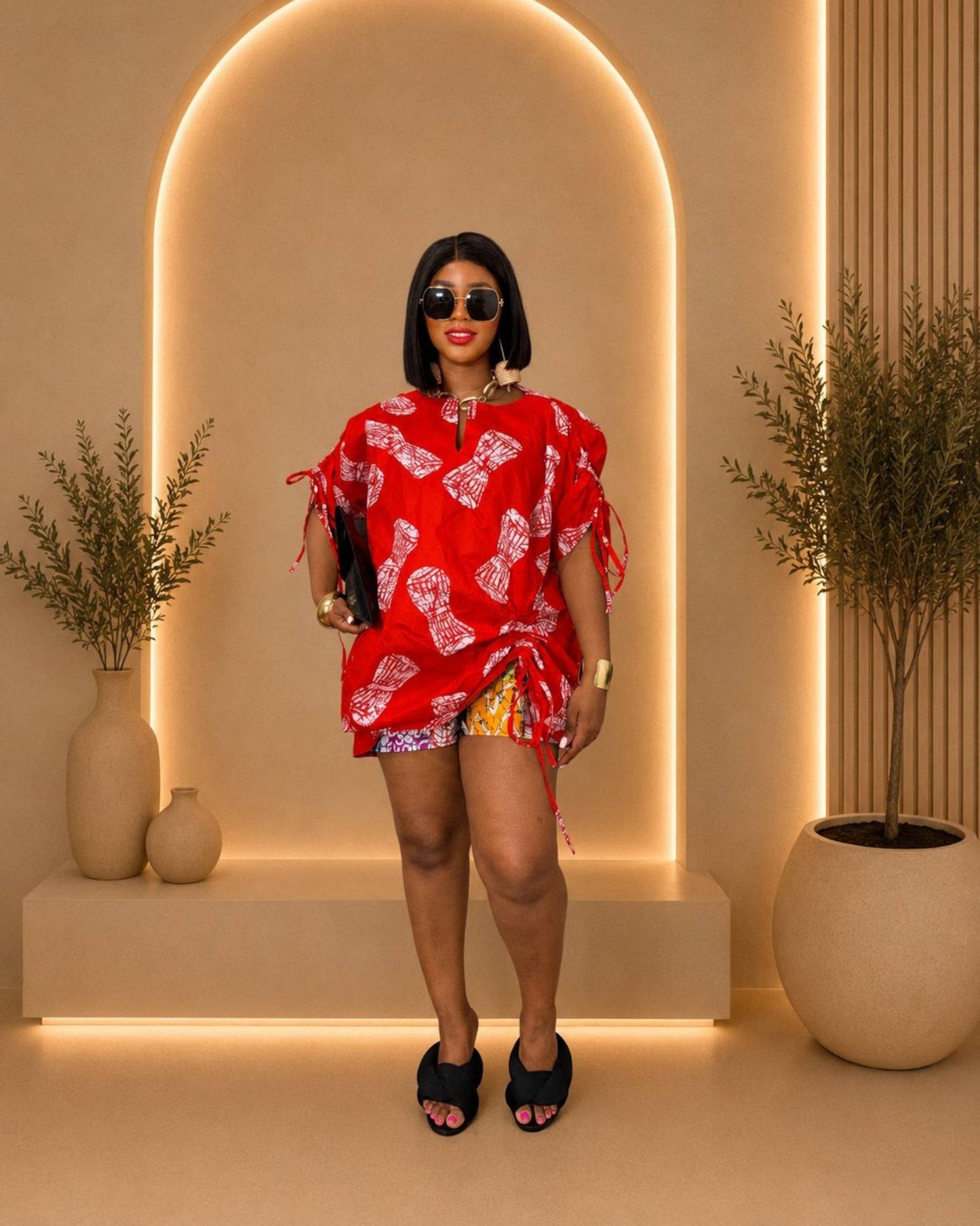 Chic Short Pants Set - (Ankara) - Red & White