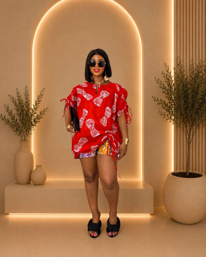 Chic Short Pants Set - (Ankara) - Red & White
