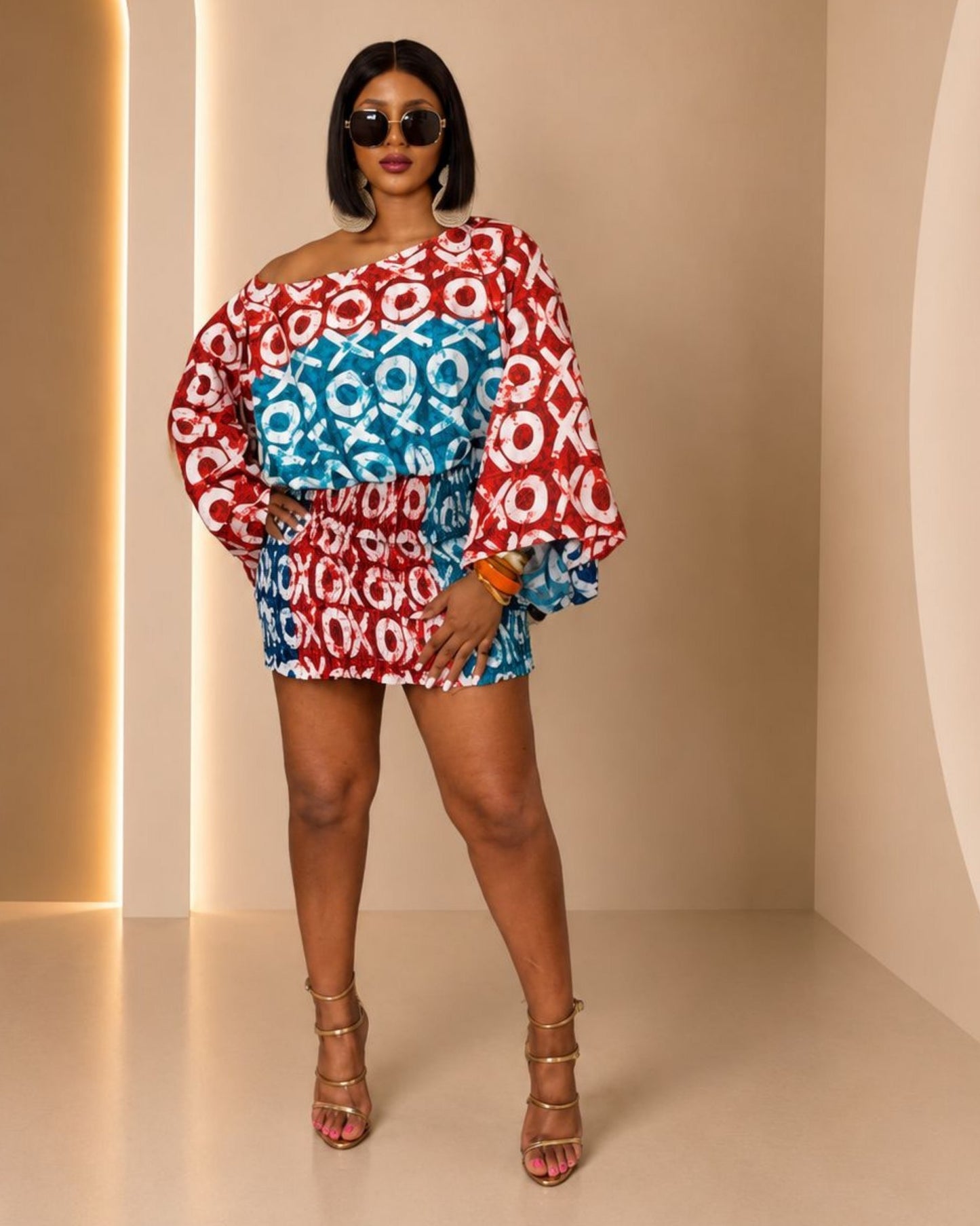 Nila Mini Dress - (Ankara) - Red, Blue & White