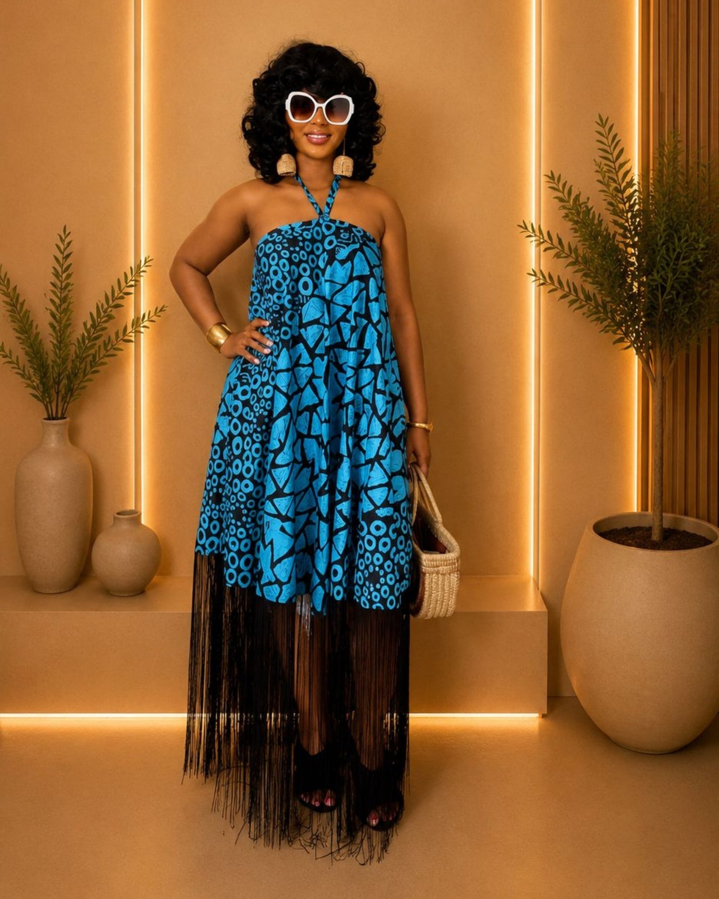 Zara Backless Maxi Dress - (Ankara) - Vibrant Blue & Black