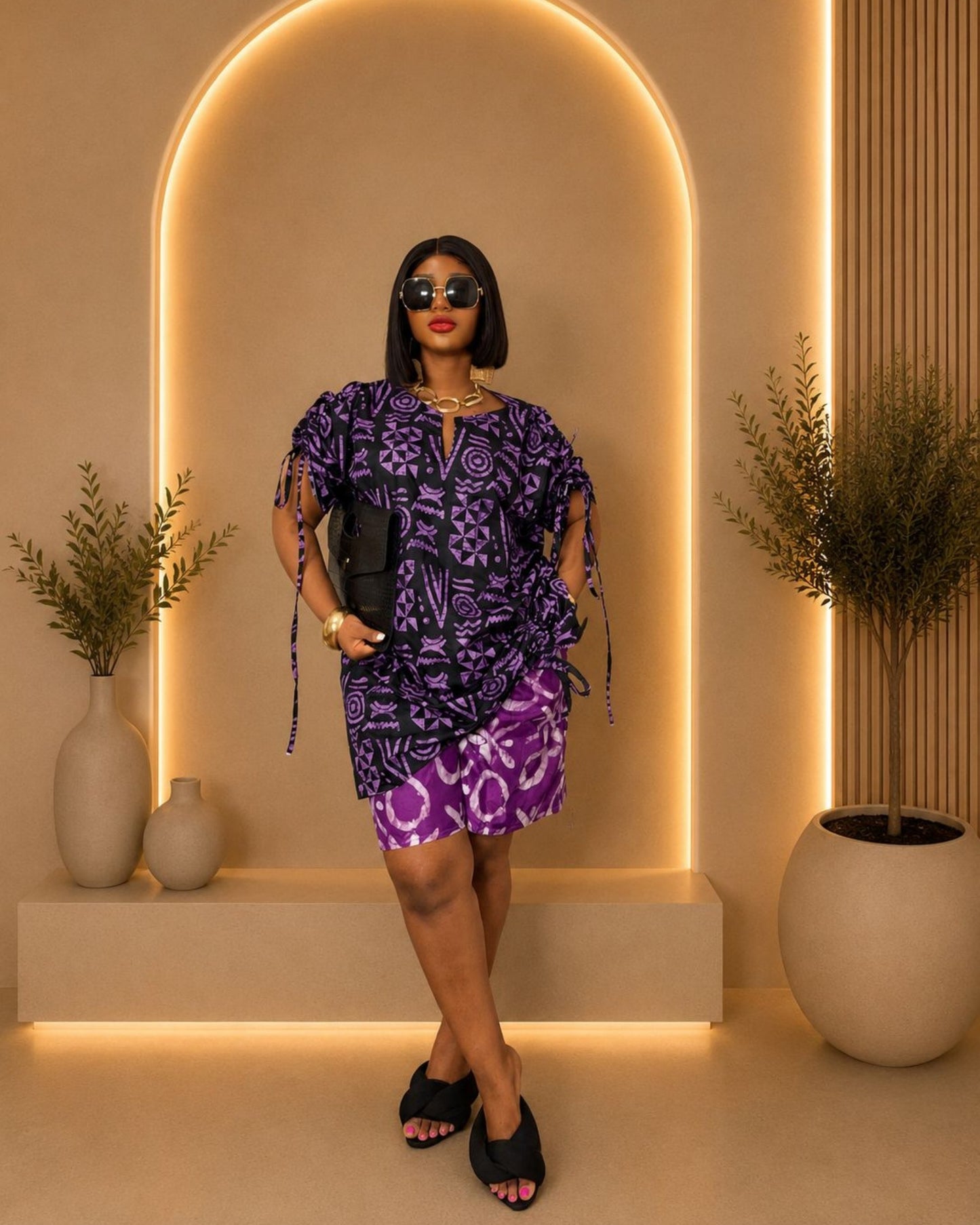 Chic Short Pants Set - (Ankara) - Black & Purple