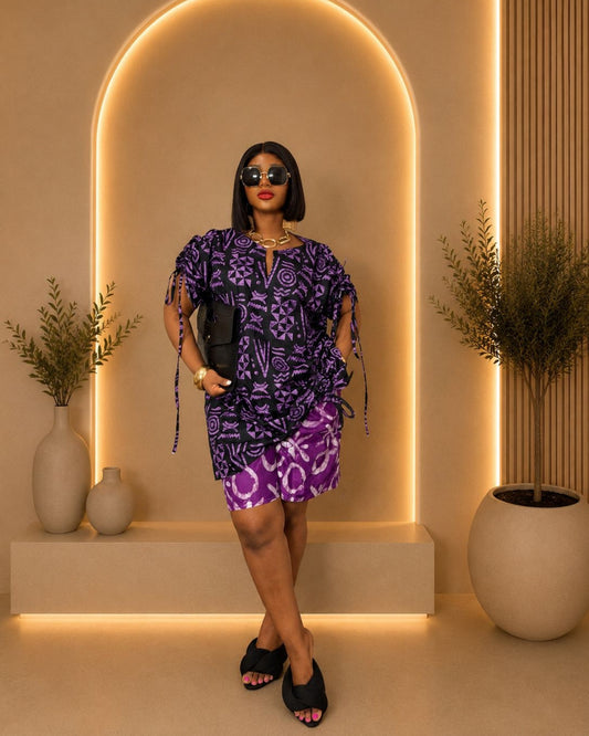 Chic Short Pants Set - (Ankara) - Black & Purple