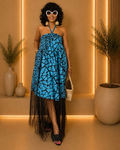 Zara Backless Maxi Dress - (Ankara) - Vibrant Blue & Black