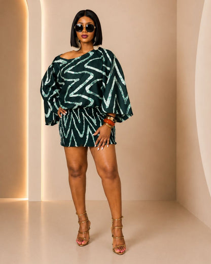 Nila Mini Dress - (Ankara) - Deep Green & Cream