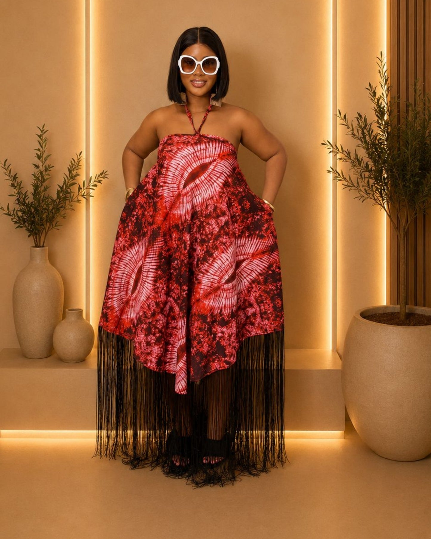 Zara Backless Maxi Dress - (Ankara) - Fiery Red & Black
