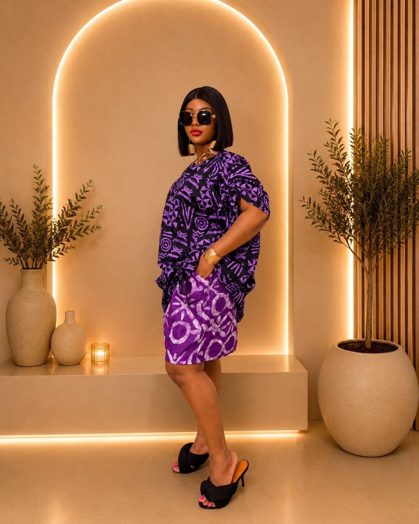 Chic Short Pants Set - (Ankara) - Black & Purple