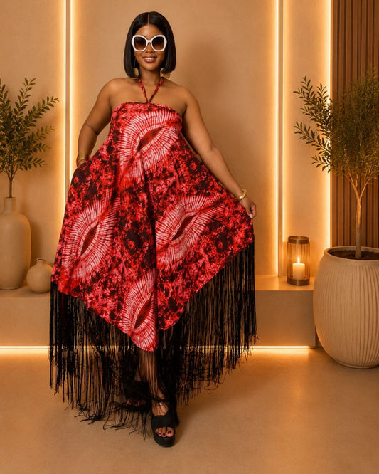 Zara Backless Maxi Dress - (Ankara) - Fiery Red & Black