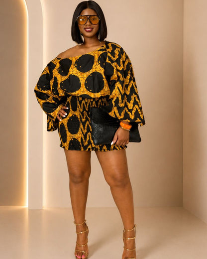 Nila Mini Dress - (Ankara) - Black & Mustard Yellow